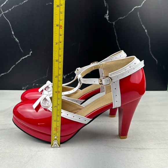 ForeMode Fashion T-Strap Bow Platform Round Toe High Heels Red/White sz 10.5 - Picture 9 of 14